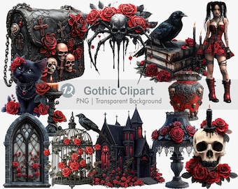 Imágenes prediseñadas góticas, fantasía oscura, chica gótica png, rosas rojas góticas, gráficos de sublimación imprimibles, impresión de arte de pared con fondo transparente