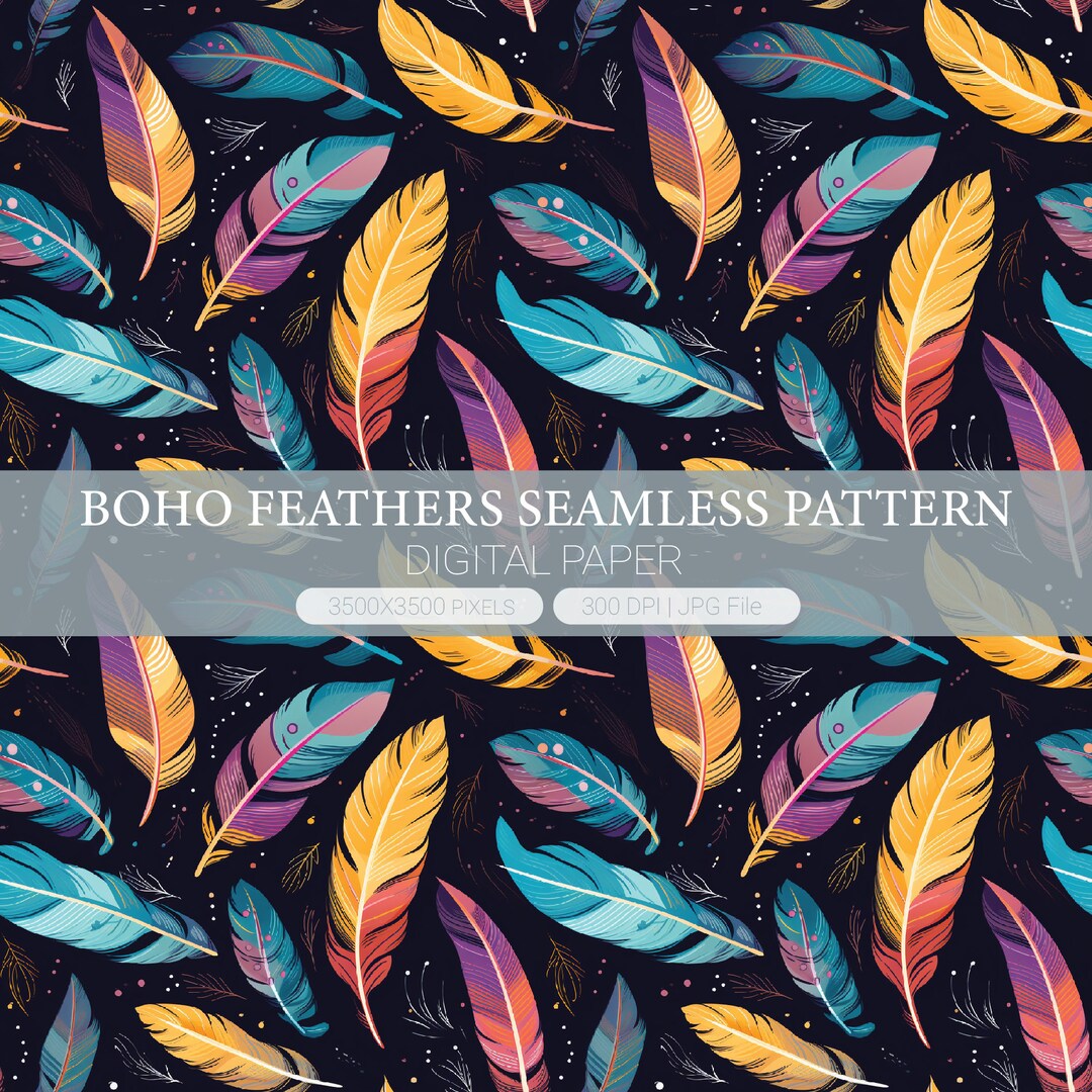 Feathers Digital Paper, Boho Feather Seamless Pattern, Backgrounds and ...