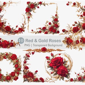 May include: Ten digital images of red and gold roses arranged in various floral wreaths and corner designs. The images have a transparent background.
