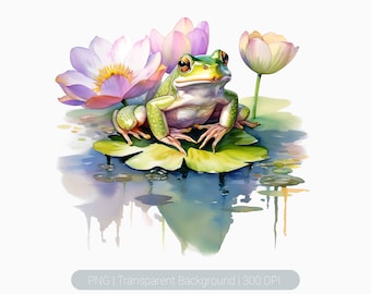 Watercolor Green Frogs Clipart, cute frog floral clip art png, Lily Pond, Frog pond png, Sublimation graphics, transparent png, Frog Prints