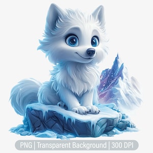 Könnte beinhalten: Ein weißer, flauschiger Wolfswelpe mit blauen Augen sitzt auf einem mit Eis und Schnee bedeckten Felsen. Der Hintergrund ist ein verschwommenes Bild einer schneebedeckten Bergkette.