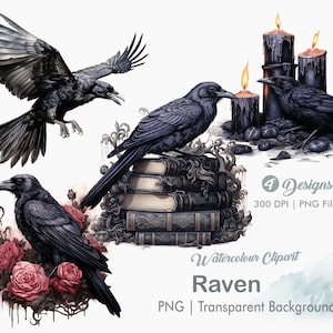 May include: Four watercolor illustrations of ravens. One raven is perched on a stack of books, another is perched on a branch with roses, and two ravens are perched on candlesticks with dripping wax. All ravens are black and have a realistic style.