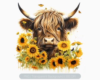 Watercolour Highland Cow Clipart, Floral Sunflower Cow Clipart, printable graphics Sublimation print, transparent png, Cow Art Prints