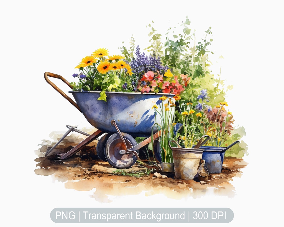 Garden Wheelbarrow Clipart, Floral Wheelbarrows Clipart, Spring Garden