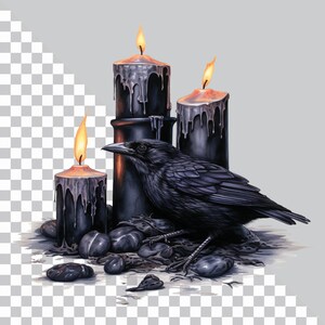 May include: A black raven perched on a set of three black candles with dripping wax. The candles are lit and the raven is looking to the left. The candles are on a bed of black pebbles.
