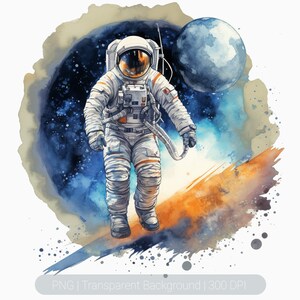 Space Astronaut Watercolor Clipart, Outer Space planets png, Galaxy Star Balloons png, floating astronaut, Moon Astronaut, Wall Art Prints