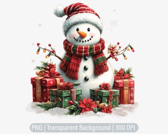 May include: A cheerful snowman wearing a red and green plaid scarf and a red hat with white trim stands in front of three wrapped Christmas presents. The presents are decorated with red and green bows and poinsettia flowers.