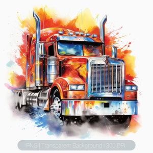 May include: A red semi-truck with chrome accents is depicted in a watercolor style with splashes of color in the background.