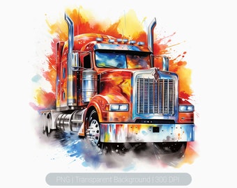 Semi truck clipart, 18 Wheeler semi truck, watercolor, Orange American Truck Clipart, Sublimation Graphics, transparent png, Wall Art Print