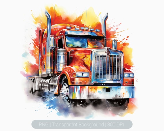 Semi truck clipart, 18 Wheeler semi truck, watercolor, Orange American Truck Clipart, Sublimation Graphics, transparent png, Wall Art Print