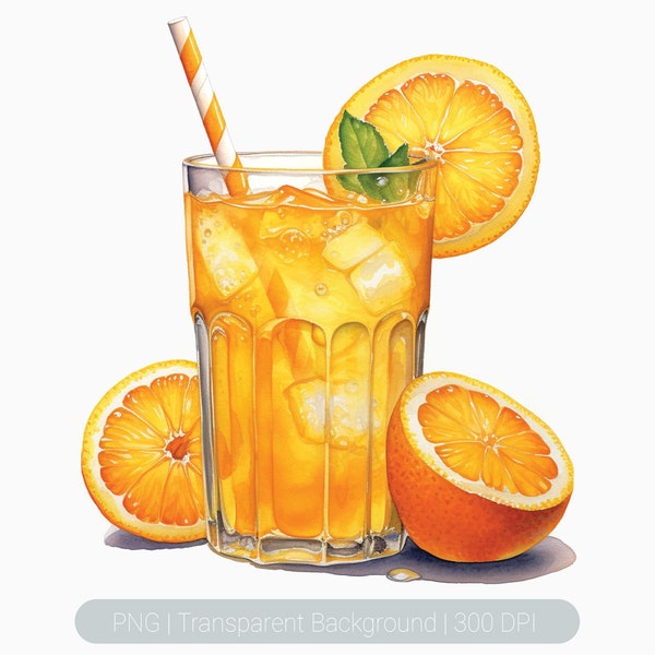 Watercolor Orange Juice Clipart, Fruit, citrus png, Orange Clipart, Printable Sublimation Graphics, transparent png, Orange Art Prints