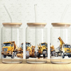 Construction Vehicles Glass Can Wrap, Construction 16oz Glass Can, Crane truck 16oz Libbey Glass Cup Tumbler Wrap, Sublimation Design