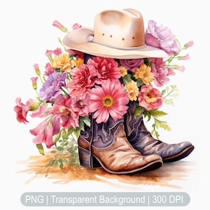 Floral Cowgirl Boots Clipart, Cowgirl hat Clipart, Watercolor Cowboy Boots Clipart, Country Sublimation print, transparent background png