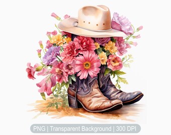Floral Cowgirl Boots Clipart, Cowgirl hat Clipart, Watercolor Cowboy Boots Clipart, Country Sublimation print, transparent background png