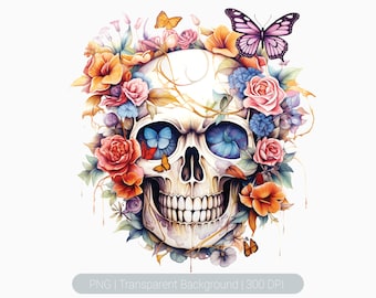 Watercolor Floral Skull Clipart png, flower skull png, Skull clipart, Sublimation Graphics, transparent png, Wall Art Print, Skull Overlay