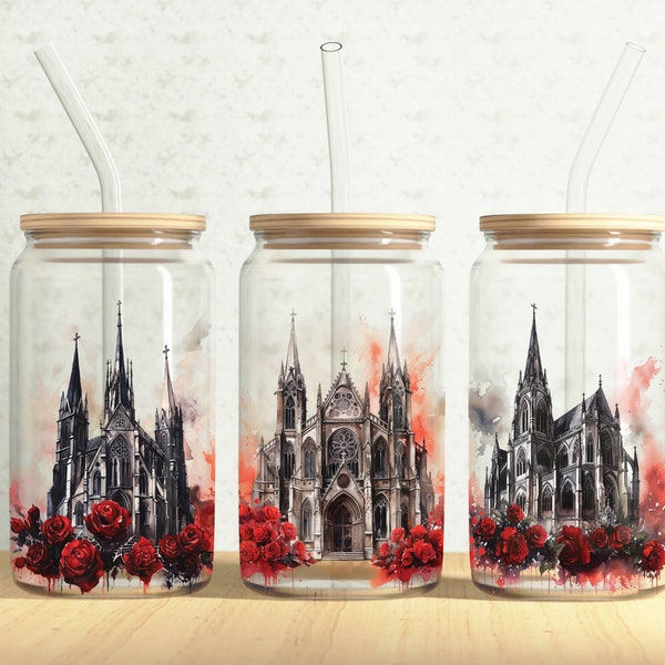 Gothic Church Glass Can Wrap, Dark Gothic 16oz Glass Can, Gothic Temple, Dark Fantasy 16oz Libbey Glass Cup Tumbler Wrap, Sublimation Design