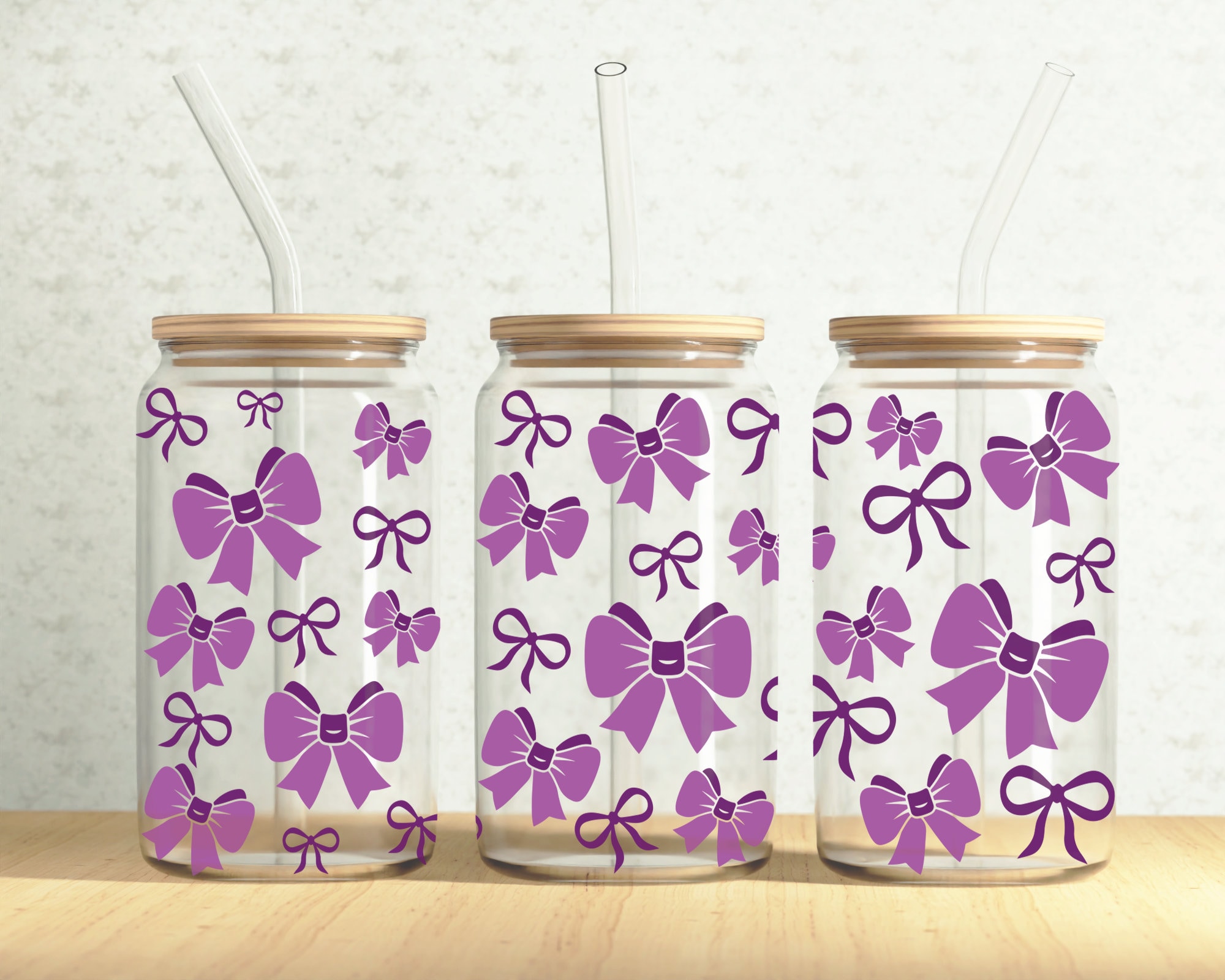 Bow Ribbons Can Wrap, Coquette Bow 16oz Glass Can, Violet Bows 16oz Libbey Glass Cup Tumbler Wrap, Sublimation Design