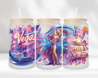 Envoltorio de vidrio para latas de Las Vegas, lata de vidrio de casino de 16 oz, envoltorio para vaso de vidrio Libbey de 16 oz con diseño de bailarina Showgirl, diseño de sublimación