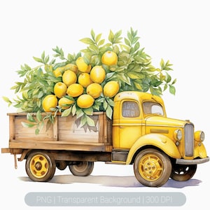 May include: A yellow vintage truck with a wooden bed filled with lemons and a lemon tree. The truck is on a white background.