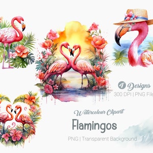 Watercolor Flamingo Clipart - tropical birds with flowers and leaves, beach flamingo,  Sublimation graphics, transparent background png