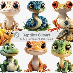 Puede incluir: Un conjunto de ocho ilustraciones de reptiles de dibujos animados, que incluyen un gecko, una serpiente, una rana, una tortuga, un caracol, un caimán y dos lagartos. Las ilustraciones están en un estilo de dibujos animados colorido con ojos grandes y expresiones amigables. El fondo es transparente.