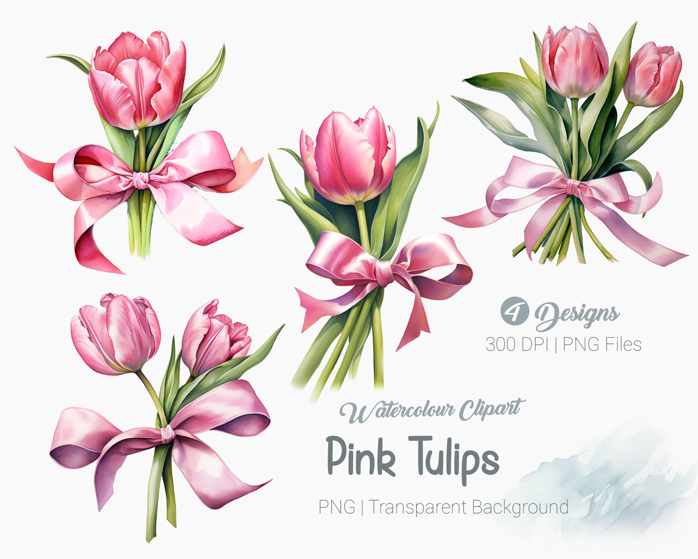 Spring Pink Tulip Clipart, spring floral, Watercolour Tulips, flower clipart, tulip ribbon, Sublimation graphics, transparent background png