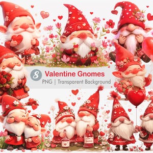 Clipart di gnomi di San Valentino, gnomi dell'amore PNG, amore e rose, grafica di sublimazione stampabile, stampa artistica da parete con sfondo trasparente