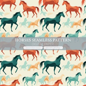 Könnte beinhalten: Nahtloses Muster mit Pferden in verschiedenen Blautönen, Grün-, Orange- und Rottönen. Das Muster ist auf einem hellbeigen Hintergrund angeordnet. Der Text "Horses Seamless Pattern Digital Paper" wird am unteren Rand des Bildes angezeigt.