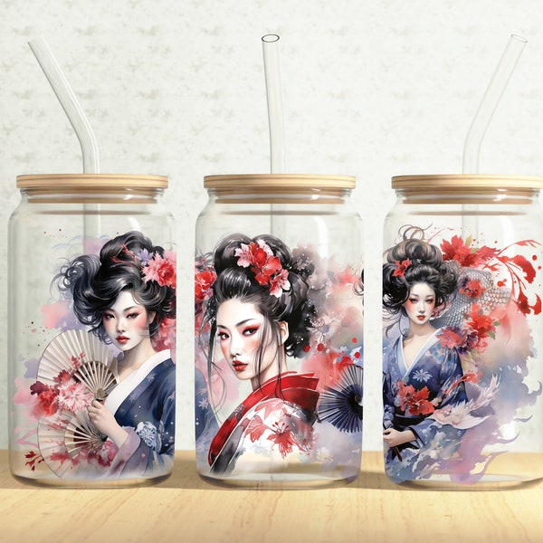 Japanese Geisha Glass Can Wrap, Traditional Geisha 16oz Glass Can, Colorful Geisha 16oz Libbey Glass Cup Tumbler Wrap, Sublimation Design