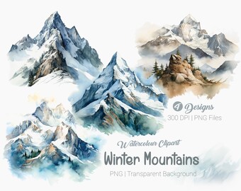 Watercolor winter mountain clipart, Snowy Mountains, Printable  Sublimation Graphics, transparent background Wall Art Print