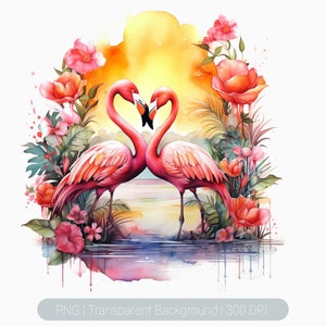 Watercolor Flamingo Clipart - tropical birds with flowers and leaves, beach flamingo,  Sublimation graphics, transparent background png