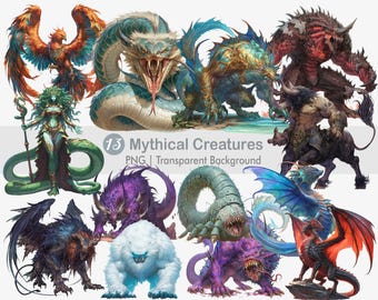 Clipart mythische wezens, monster PNG, fantasiemonster, afdrukbare sublimatieafbeeldingen, Wall Art Print, mythologisch, magisch wezen