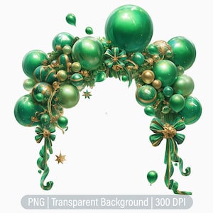 Green & Gold Balloon Arch Clipart, Birthday PNG, Party, Balloons, Junk Journals, Scrapbooking, Printable Sublimation Graphic, Commercial Use