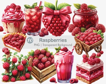 May include: A collection of 10 digital illustrations of raspberries in various settings. The illustrations include a cupcake, a glass of raspberry juice, a jar of raspberry jam, a pie, a basket of raspberries, a milkshake, a cake, and a raspberry bush.