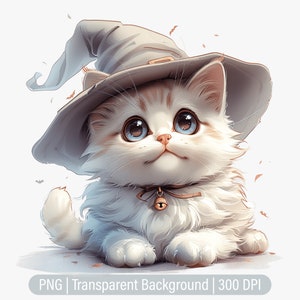 Witch Kitten Clipart, White Cat Png, Junk Journals, Scrapbooking, Sublimation Graphics, Transparent png, Art Prints