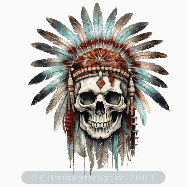 Native American Skull Clipart, Watercolor Headdress png, Indigenous, Wall Art Prints, Skull Feathers Clipart, Paper Craft, Scrapbook Clipart