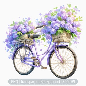 hydrangeas Bicycle Clipart, Retro Bike PNG, Purple Flowers Bicycle, Scrapbooking, Printable Sublimation Graphics, Commercial Use