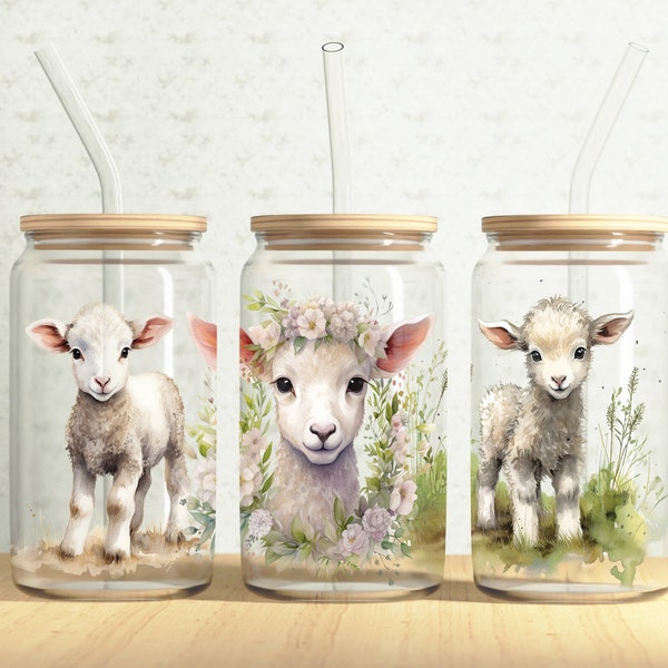 Sheep Can Wrap, Farm Sheep 16oz Glass Can, Baby Lamb 16oz Libbey Glass Cup Tumbler Wrap, Sublimation Design