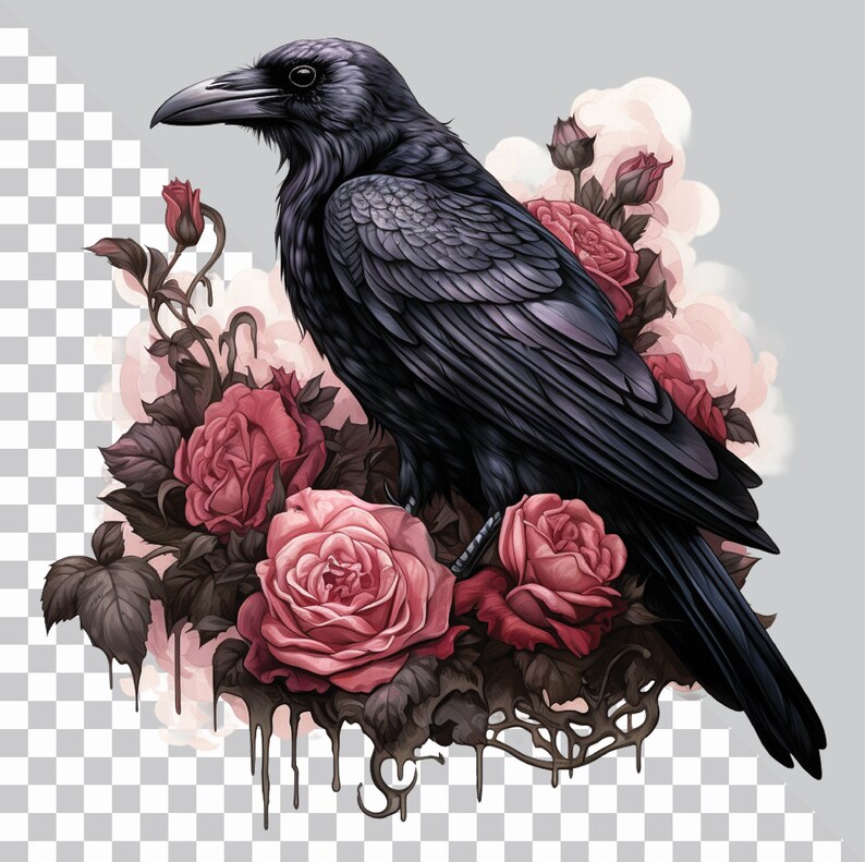 May include: A black raven perched on a bouquet of pink roses with dark green leaves. The raven has a dark gray beak and black feathers. The roses are in full bloom and have a soft, velvety texture.