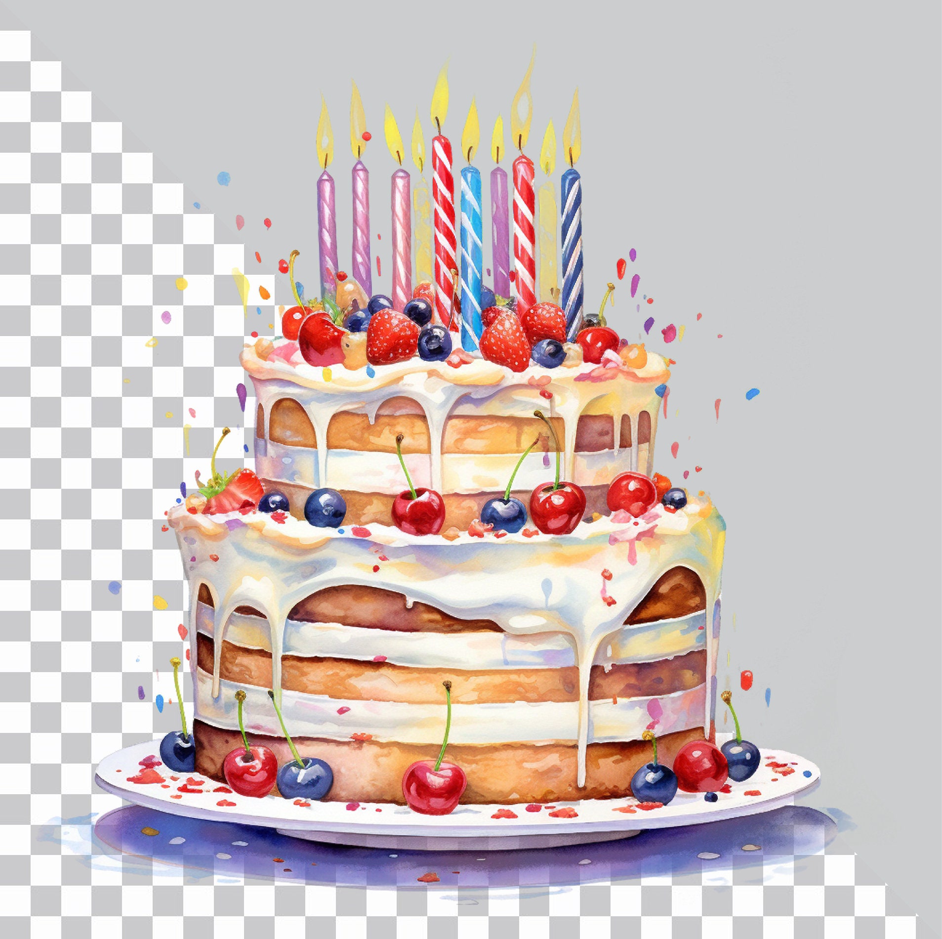 Watercolor Birthday Cake Clipart Dessert Clipart Candle Cake - Etsy