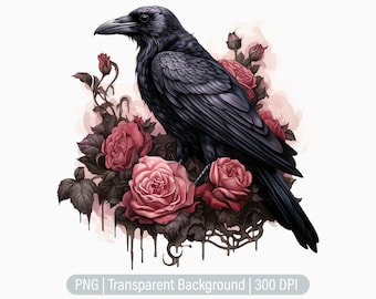Clipart floral corbeau, corbeau gothique PNG, Dark Fantasy, sorcière, journaux indésirables, scrapbooking, sublimation graphique, png transparent, tirages d'art