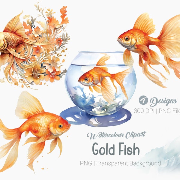 Watercolor Goldfish Clipart, gold fish  PNG clip art, Printable graphics Sublimation, transparent background Wall Art Print