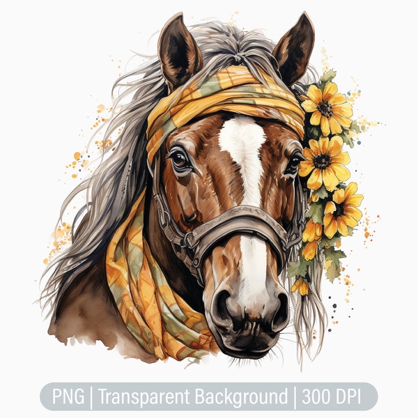 Horse Clipart, Floral Horse Clipart, Sunflower Horse scarf, Junk Journals, Scrapbooking, Sublimation Graphics, Transparent png, Art Prints