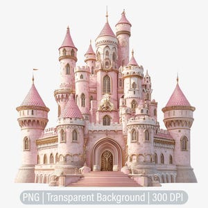 May include: A pink fairytale castle with multiple towers, intricate details, and a golden gate. The castle has a white stone base and a staircase leading up to the entrance.