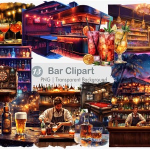 May include: A digital illustration of 13 bar clipart images. The images include a bar interior with a pool table, a bar with a dartboard, a bar with a bartender, and a bar with a tropical beach scene. The images are all in a cartoon style and have a transparent background.