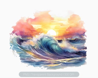 Watercolor Hawaii beach Clipart, surfing tropical island clipart, tropical sunset png, Sublimation graphics, transparent background png