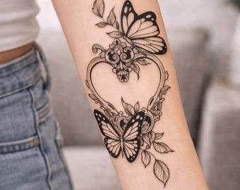 即時ダウンロード可能な蝶とハートのタトゥーデザイン、細線装飾タトゥー、印刷可能なステンシルJPG、A4 300 DPI、タトゥー用