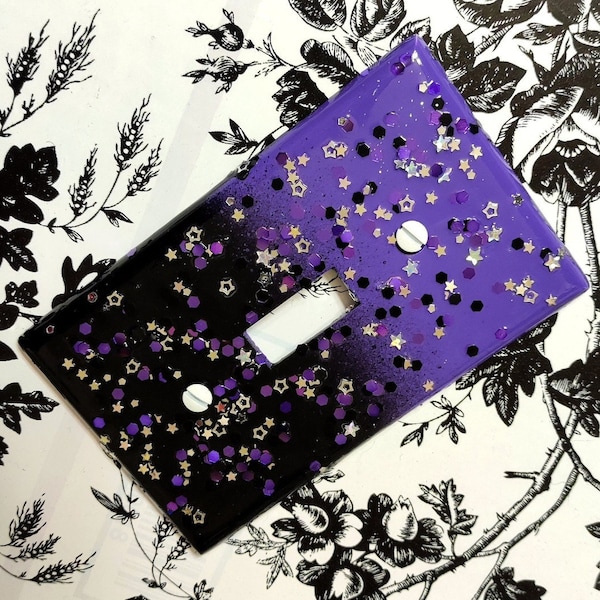 Purple+Black Ombré w/ Star Glitter • Decorative Light Switch Covers & Wall Plates • Glam Goth Home Décor •Cute Gothic Bedroom Bathroom Bling