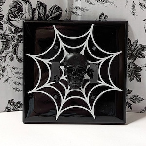 Black+White Spiderweb & 3D Skull || Decorative Double Light Switch Plate and Outlet Cover || Spooky Goth Home Décor || Dark Gothic Bathroom