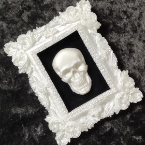 4&quot; Mini Framed Skull on Black Velvet • Victorian Gothic White Baroque Resin Frame • Witchy/Spooky/Goth Wall Hanging Art • Dark Luxury Décor